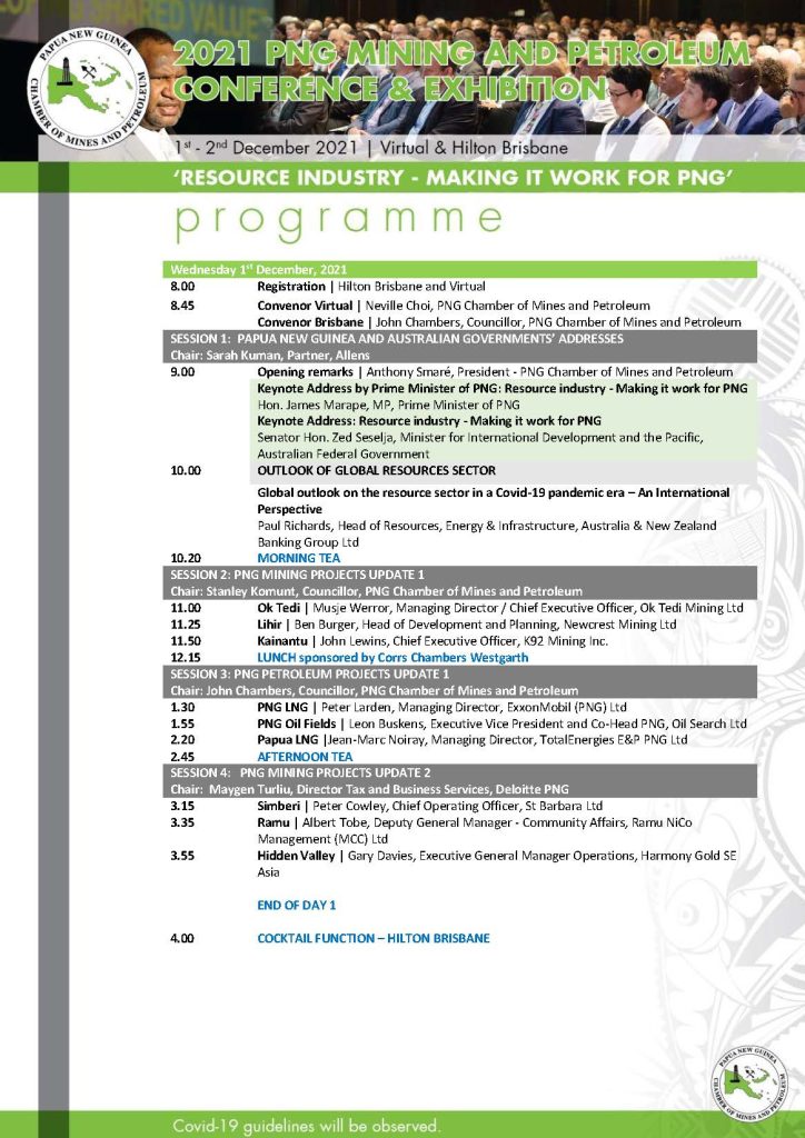 2021 PNG Mining and Petroleum Conference and Exhibition Day 1 Programme