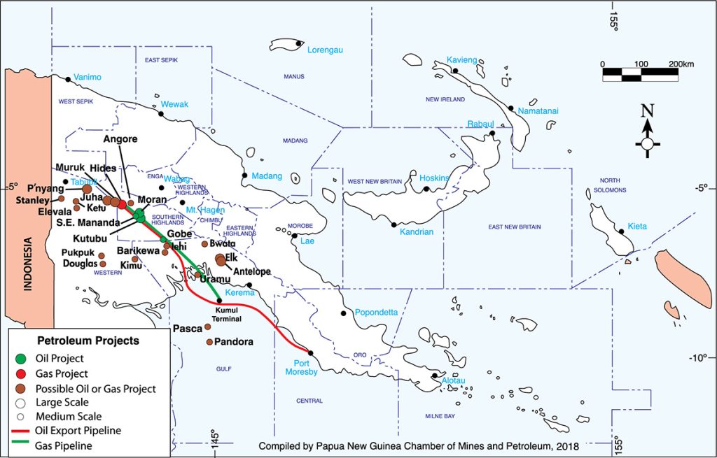 Map of petroleum projects in Papua New Guinea in 2018, showing oil and gas projects and pipelines, compiled by the PNG Chamber of Mines and Petroleum
