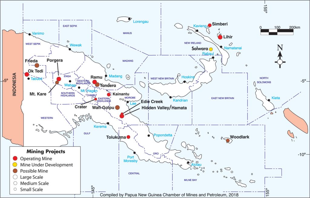 Map of mining projects in Papua New Guinea in 2018, showing operating mines, mines under development and possible mines, compiled by the PNG Chamber of Mines and Petroleum