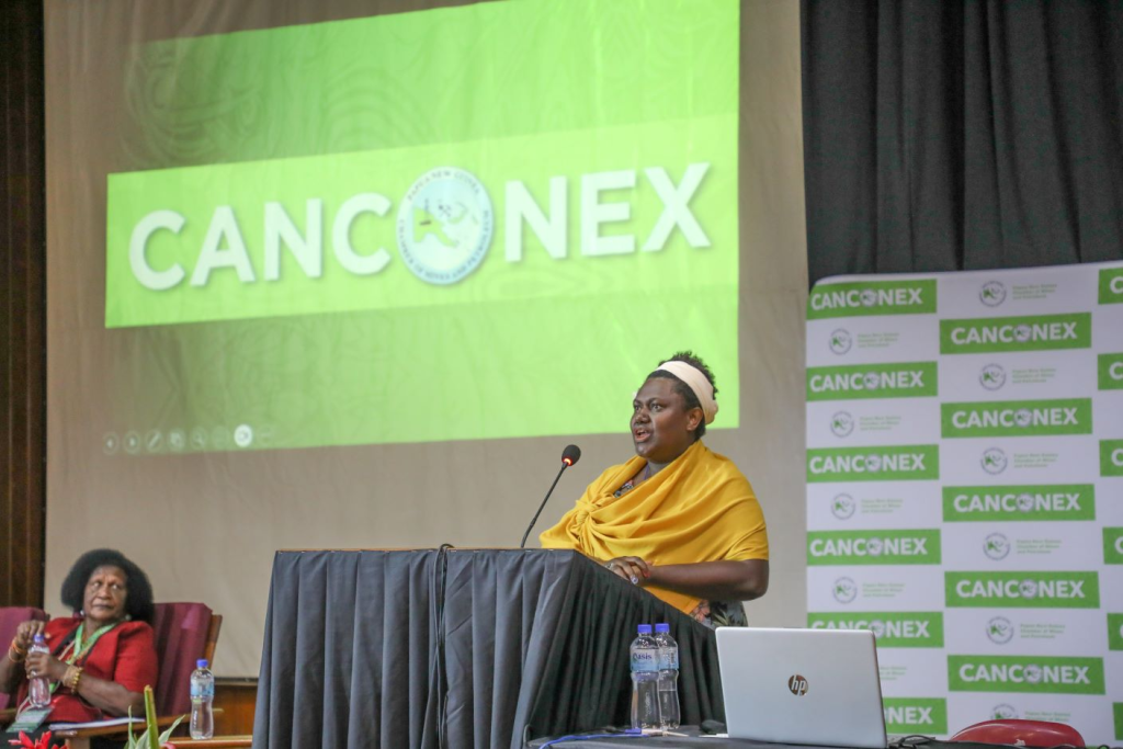 ABG Minister for Community Government and Member for Ioro Constituency Hon. Theonila Roka Matbob speaking at CANCONEX 2023.